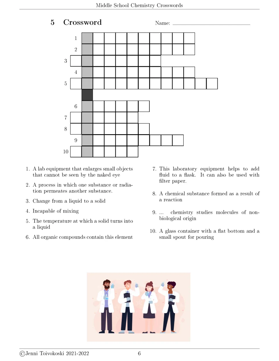 Crossword 5: students solve 10 clues about lab equipment, freezing, melting point, organic compounds and reaction products