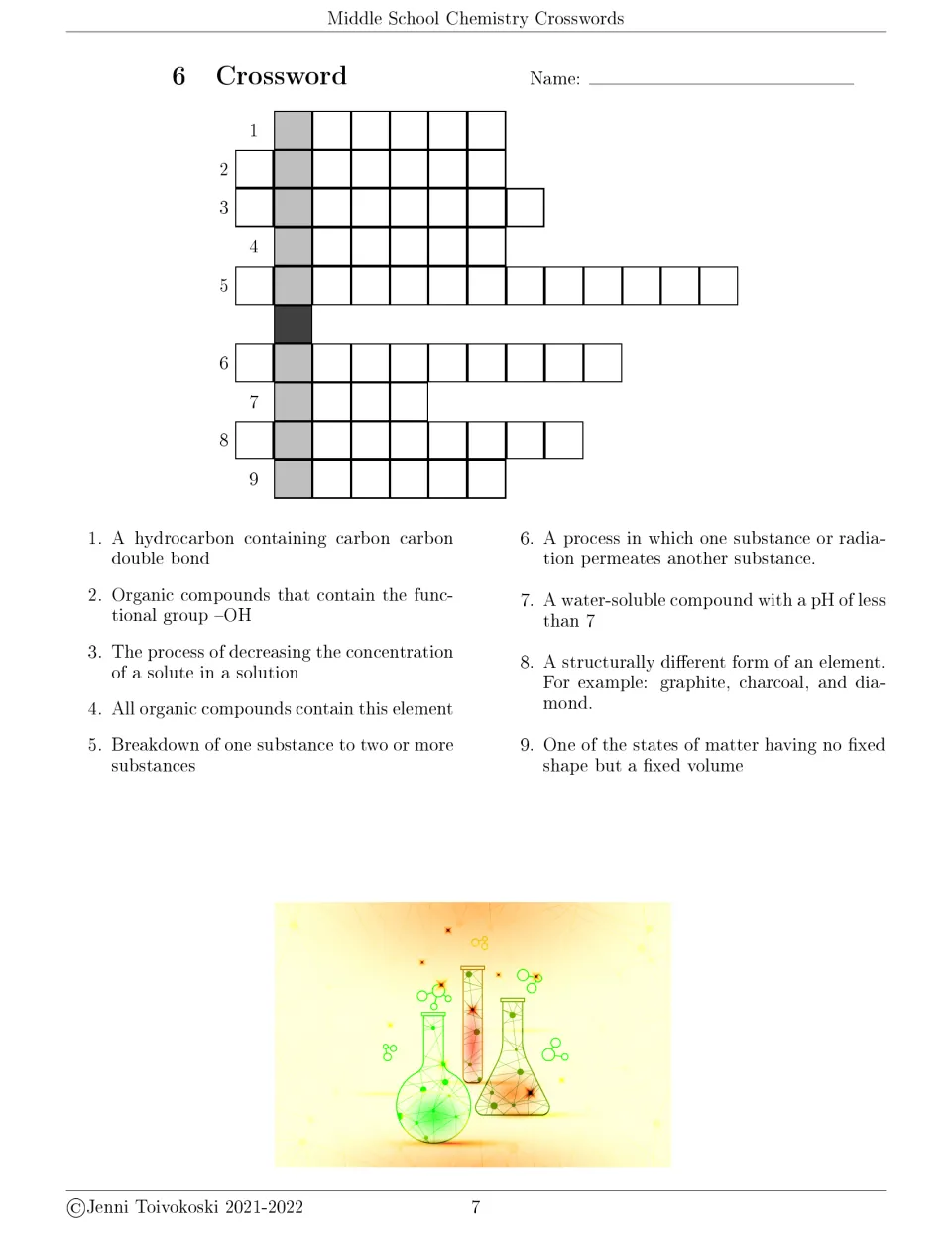 Crossword 6: students solve 9 clues on alkenes, alcohols, dilution, carbon, decomposition, acids, allotropes and liquids