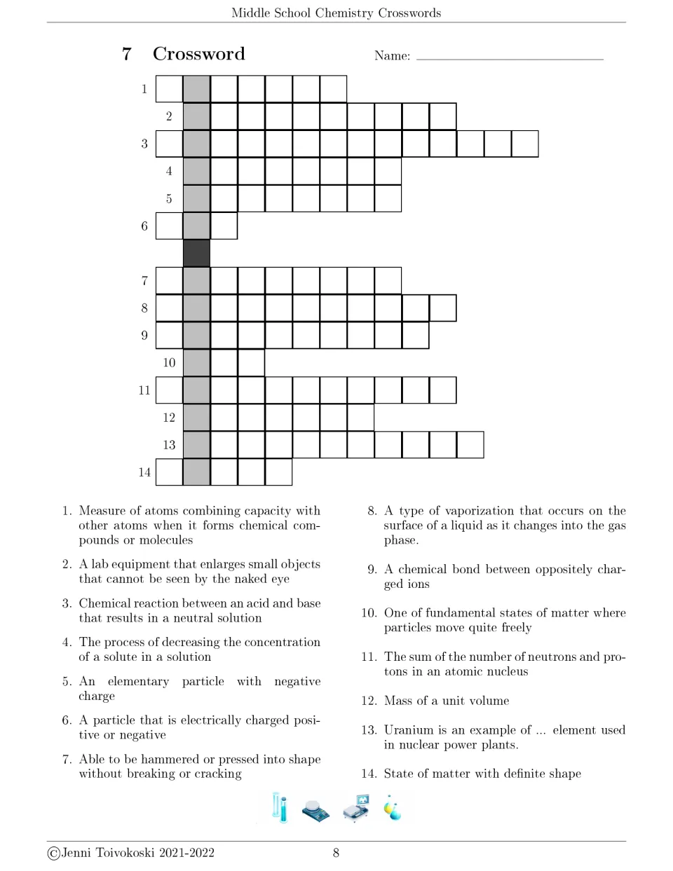 Crossword 7: students solve 14 clues on valence, neutralization, evaporation, ionic bonds, mass number and malleability