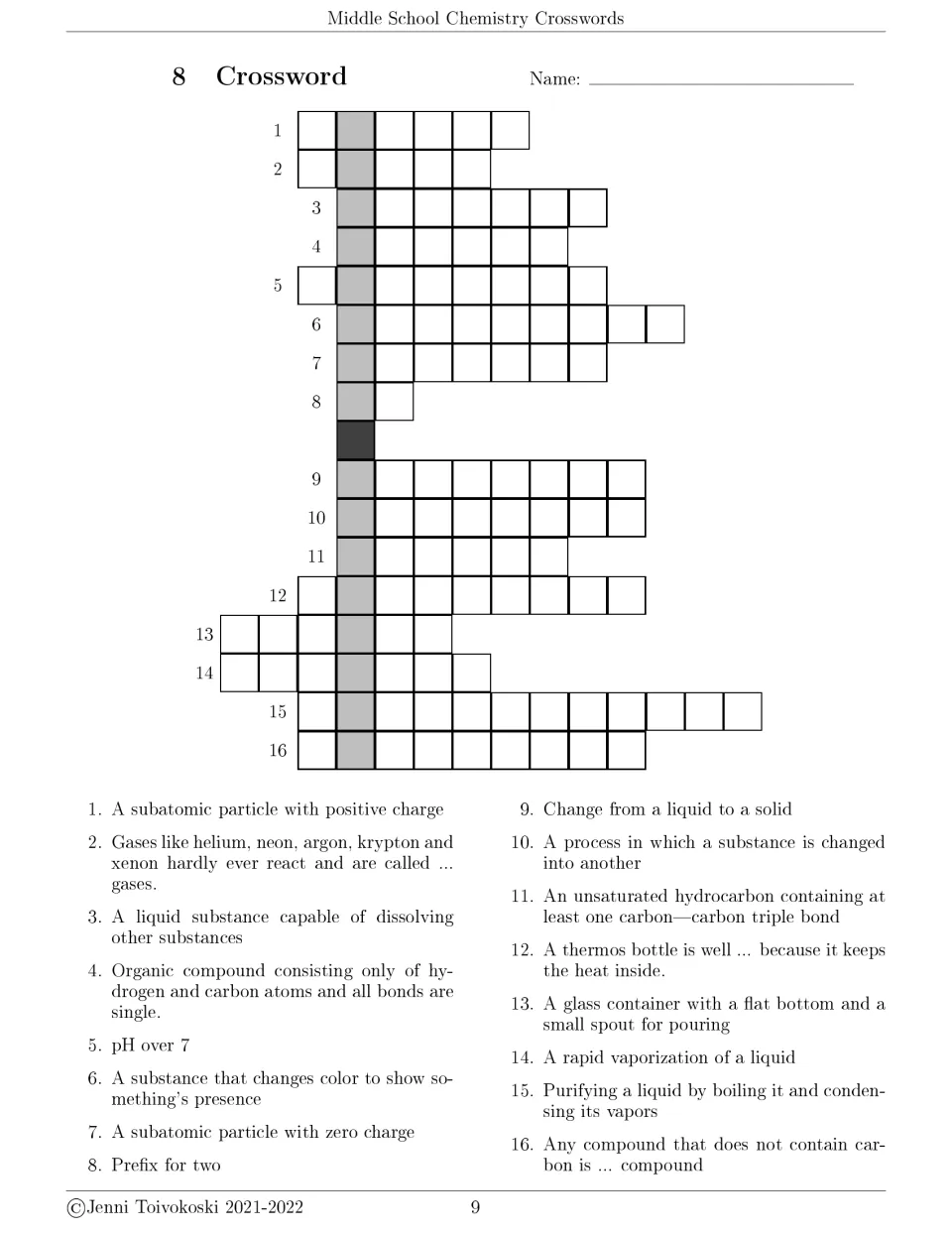 Crossword 8: students solve 16 clues on protons, noble gases, solvents, alkanes, indicators, bases and distillation