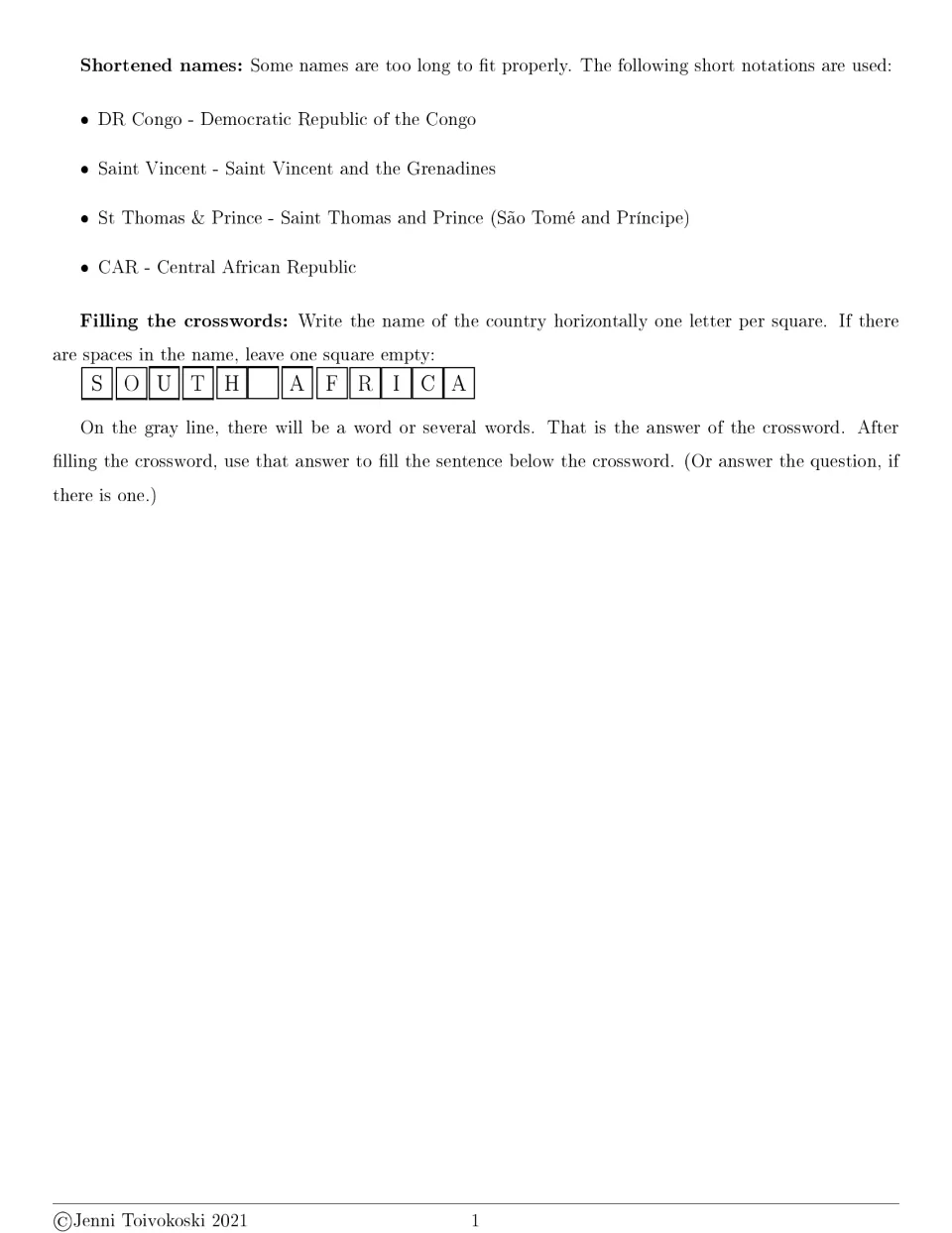 Crossword directions: short forms for long country names such as DR Congo and CAR, plus how to write names with spaces