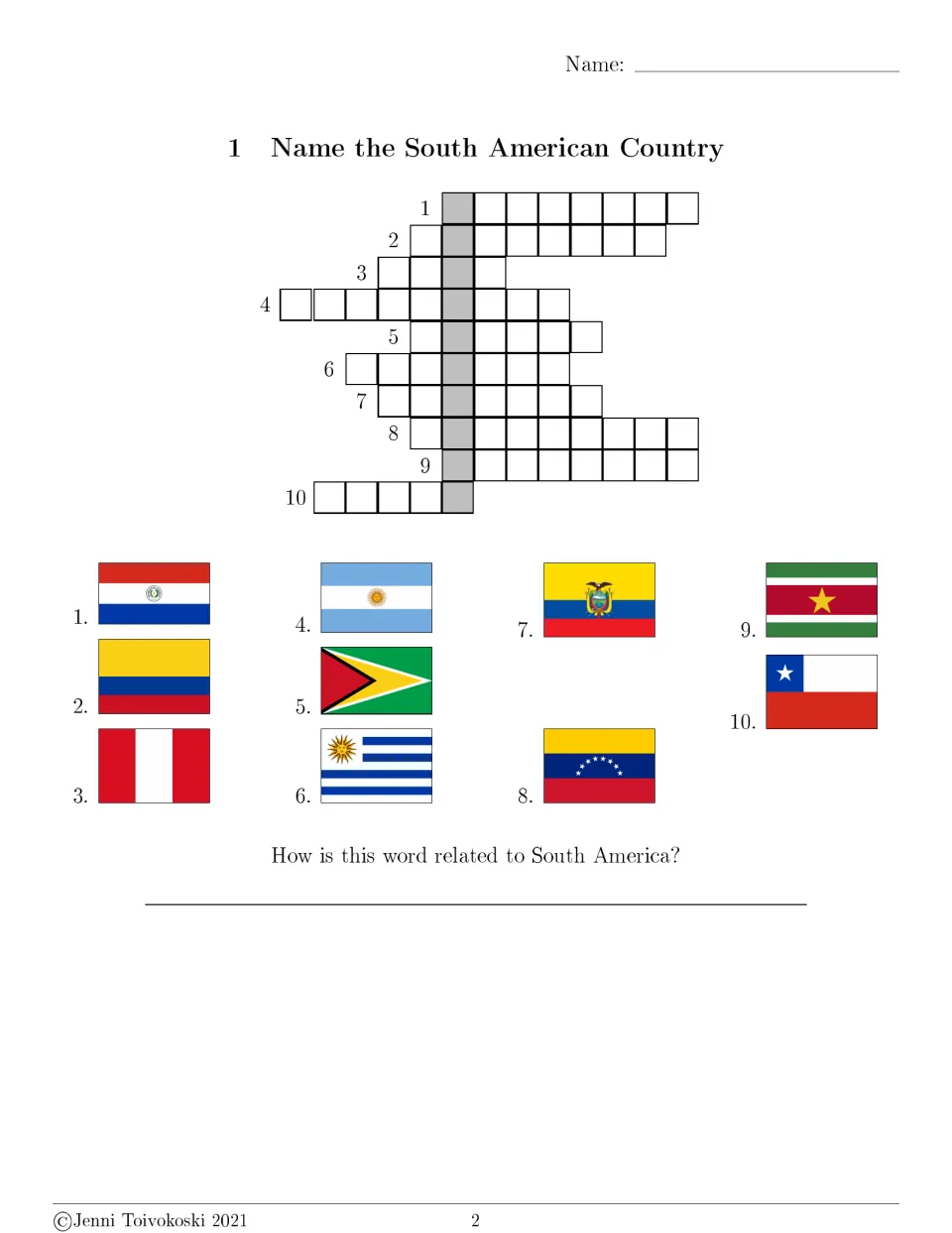 South American flags crossword: students name 10 countries from their flags, then explain how the gray-line word relates