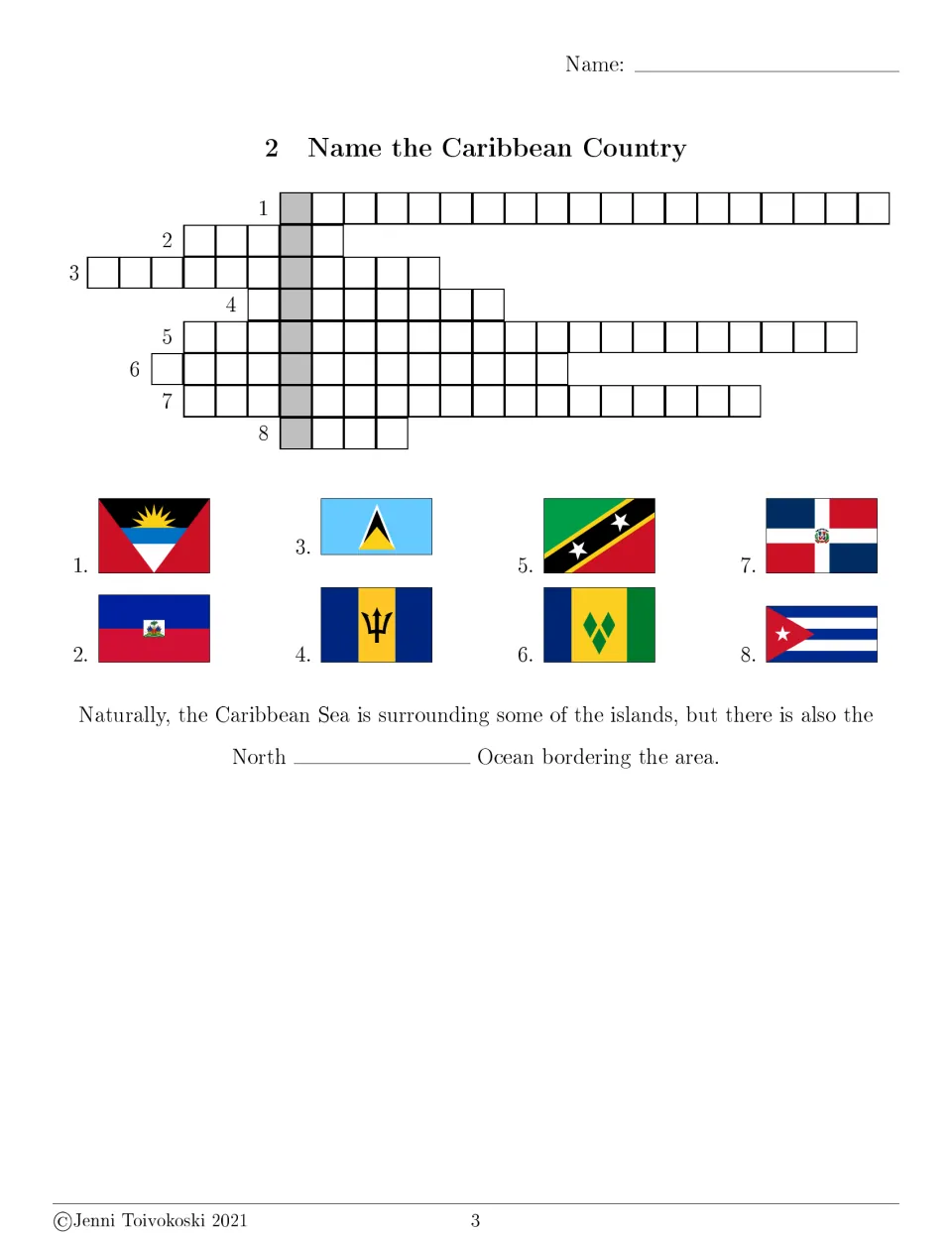 Caribbean flags crossword: students name 8 island nations from their flags, then use the hidden word to name an ocean