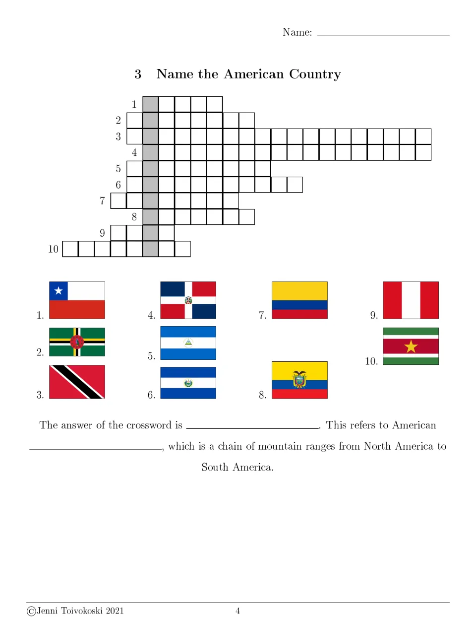 Americas flags crossword: students name 10 countries by flag, then complete a sentence about a mountain chain