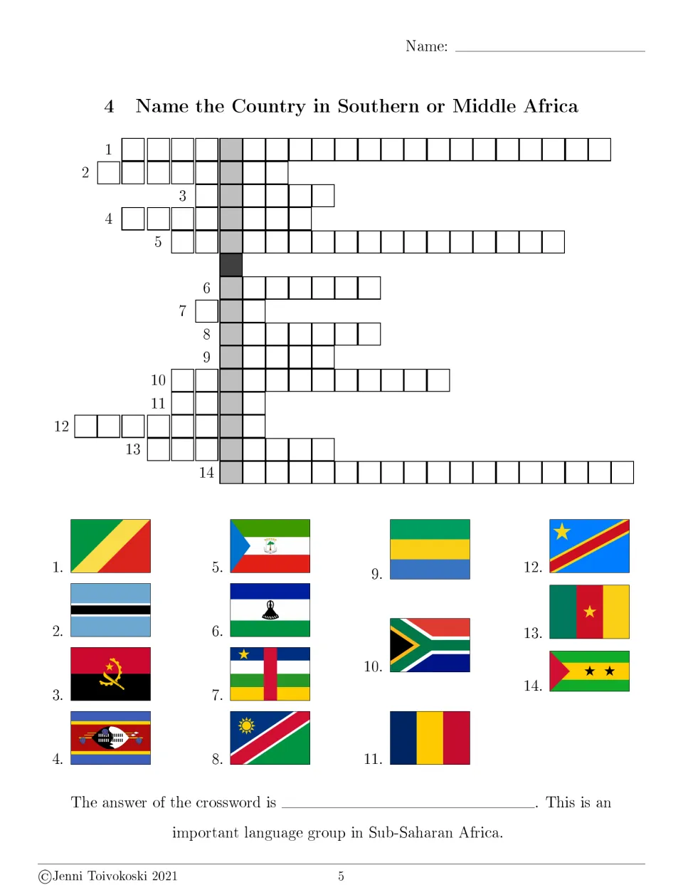 Southern and Middle Africa flags crossword: students name 14 countries by flag; the hidden word is a language group