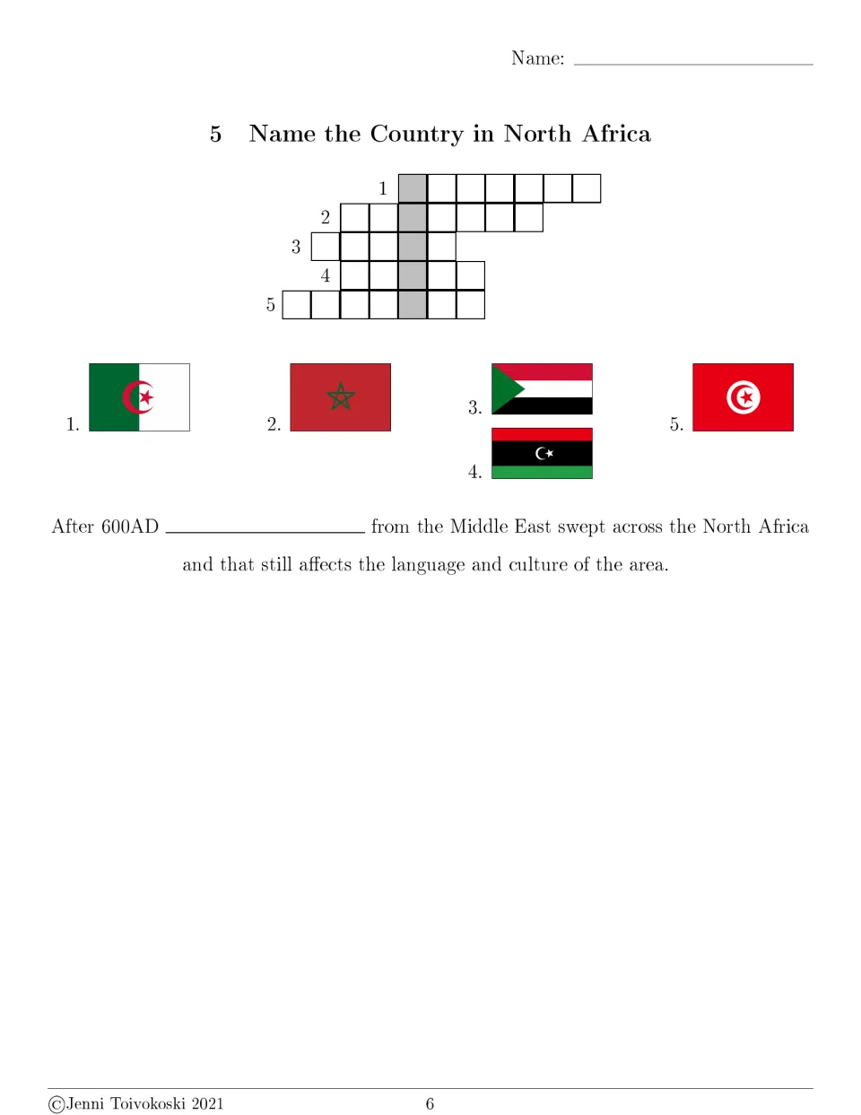 North Africa flags crossword: students name 5 countries from their flags and finish a sentence about history after 600AD