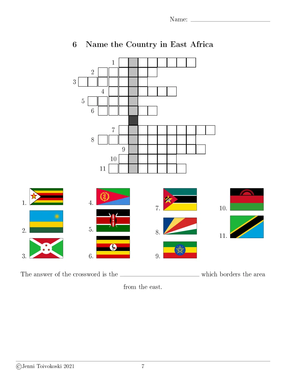 East Africa flags crossword: students identify 11 countries by flag; the hidden answer names a body of water to the east