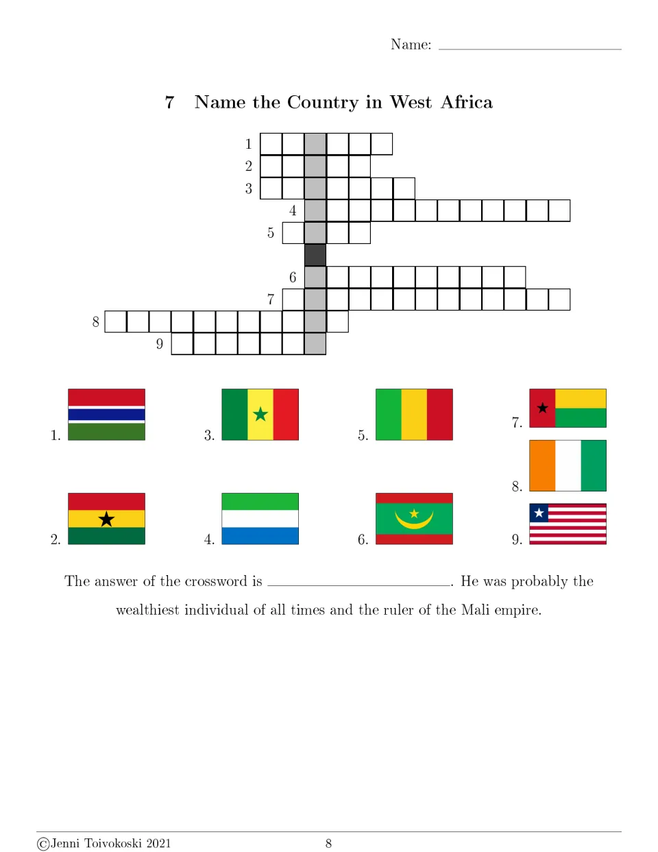 West Africa flags crossword: students name 9 countries from flags; the hidden answer is a ruler of the Mali empire