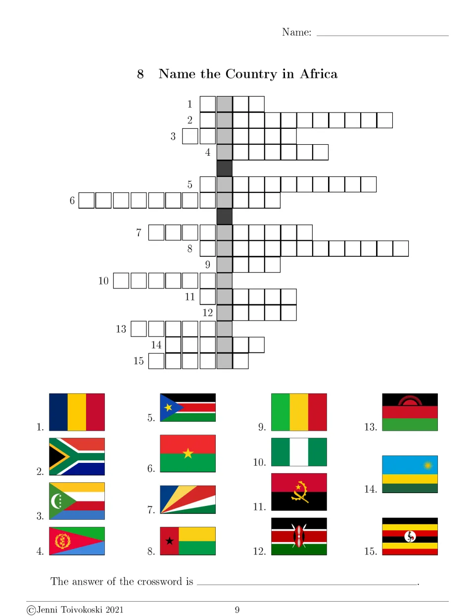 Africa-wide flags crossword: students name 15 countries from across the continent by their flags to reveal a hidden answer