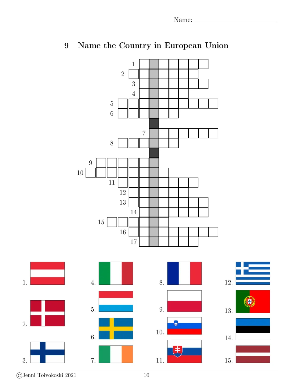 European Union flags crossword: students name member countries by flag; 17 clues, with flags 1 to 15 shown on this page