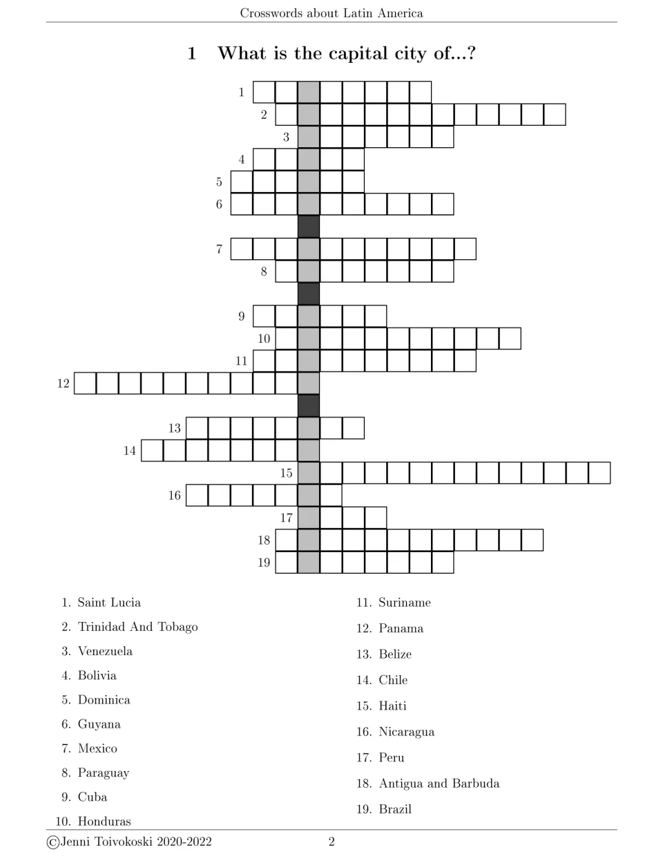 Capital cities crossword 1: students write capitals of 19 countries such as Saint Lucia, Cuba and Peru to find a hidden word