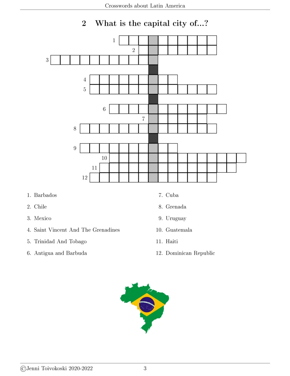 Capital cities crossword 2: students name capitals of 12 countries such as Barbados, Uruguay and Haiti; Brazil flag map below
