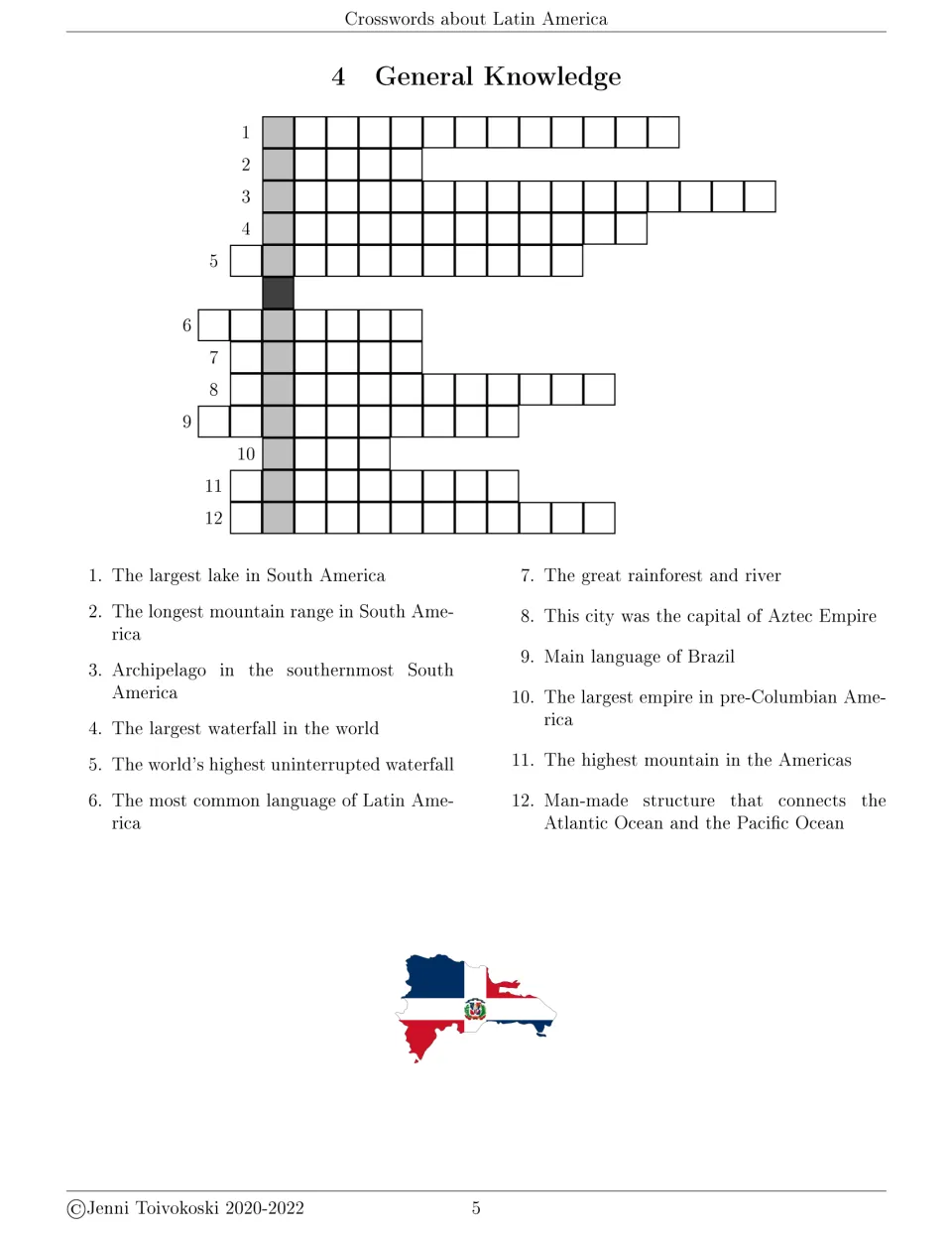 General knowledge crossword: students solve 12 clues on the region's lakes, mountains, waterfalls, languages and empires