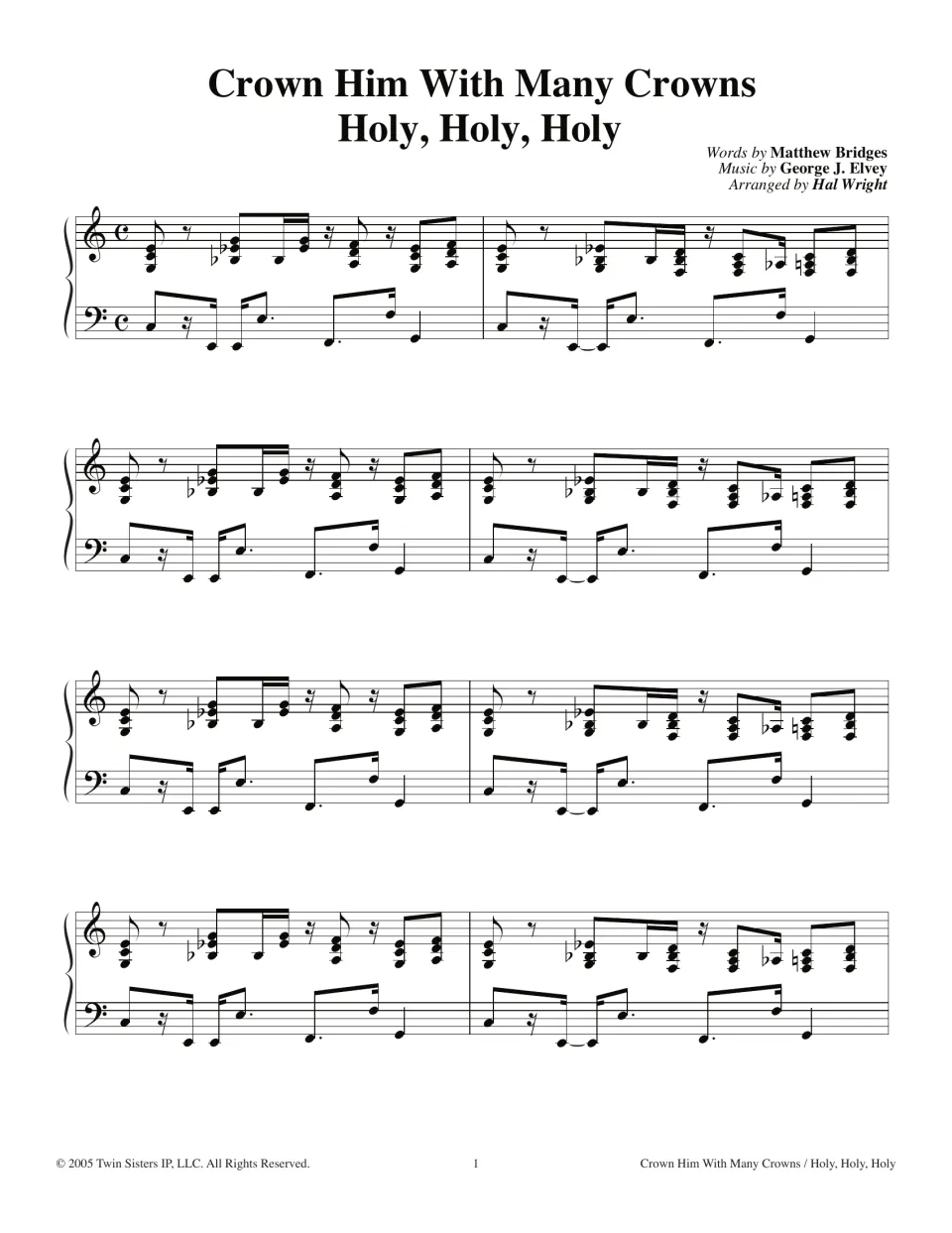 Hymn medley opening, Crown Him With Many Crowns and Holy, Holy, Holy: piano introduction, arranged by Hal Wright