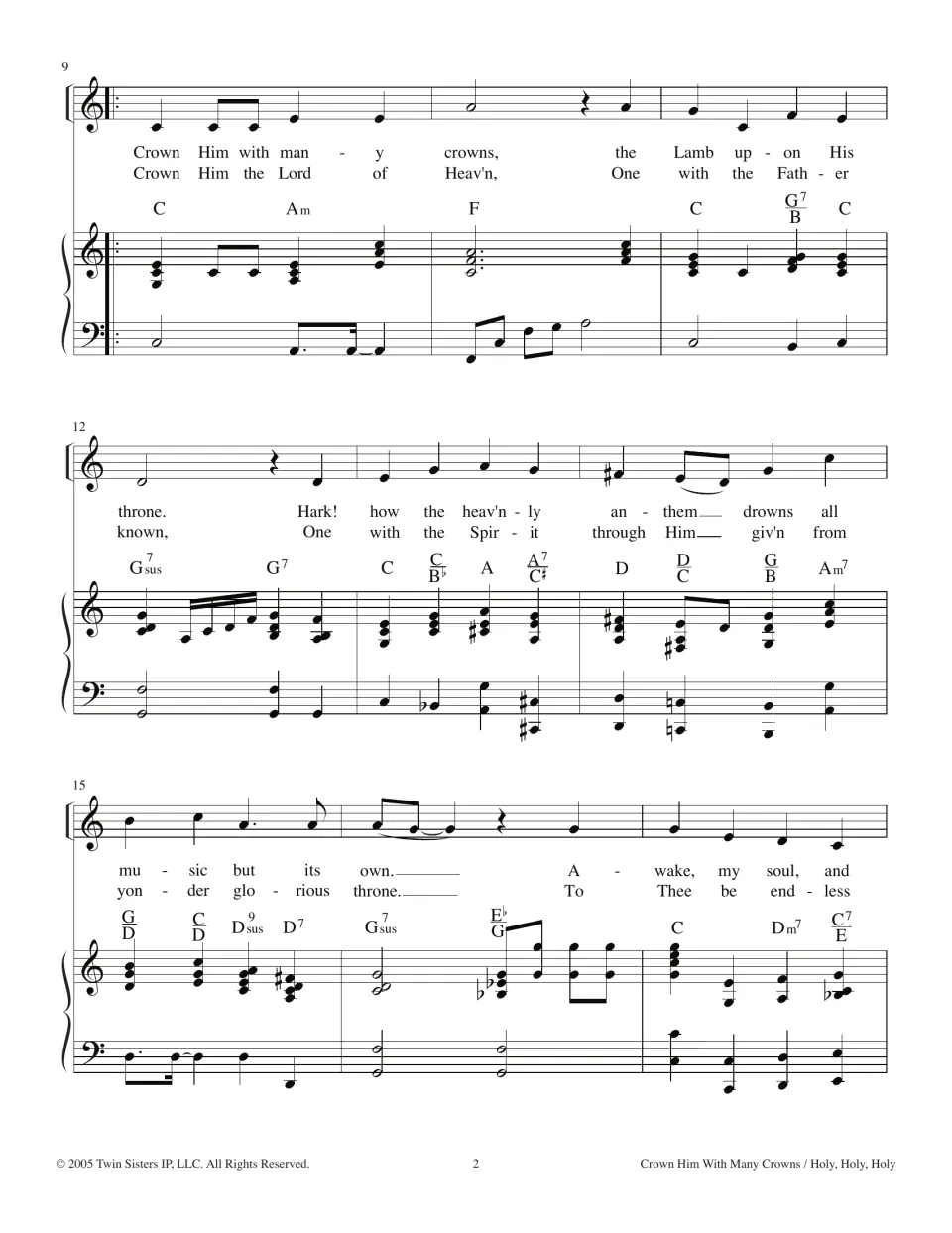Hymn verses 1 and 2, bars 9-17: melody with lyrics 'Crown Him with many crowns' and chord symbols over piano accompaniment