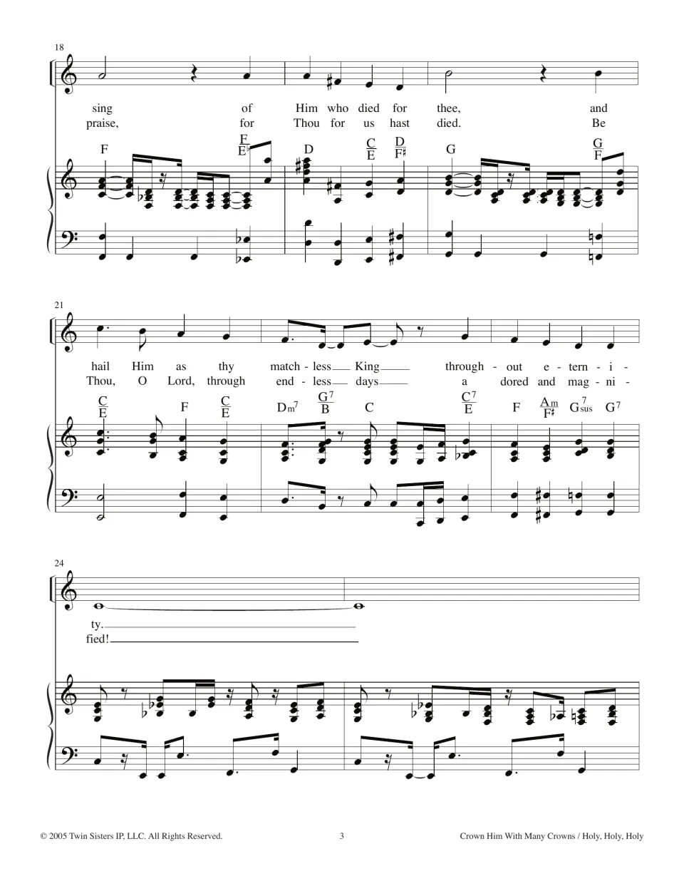Hymn verse endings, bars 18-25: lyrics 'hail Him as thy matchless King' with chords, then the piano interlude returns