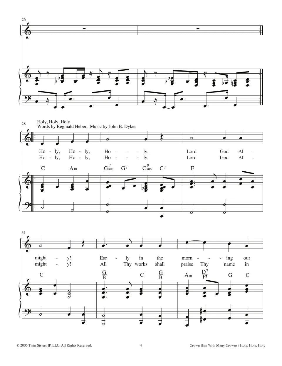 Medley transition, bars 26-33: piano interlude ends and Holy, Holy, Holy begins with lyrics 'Lord God Almighty' and chords