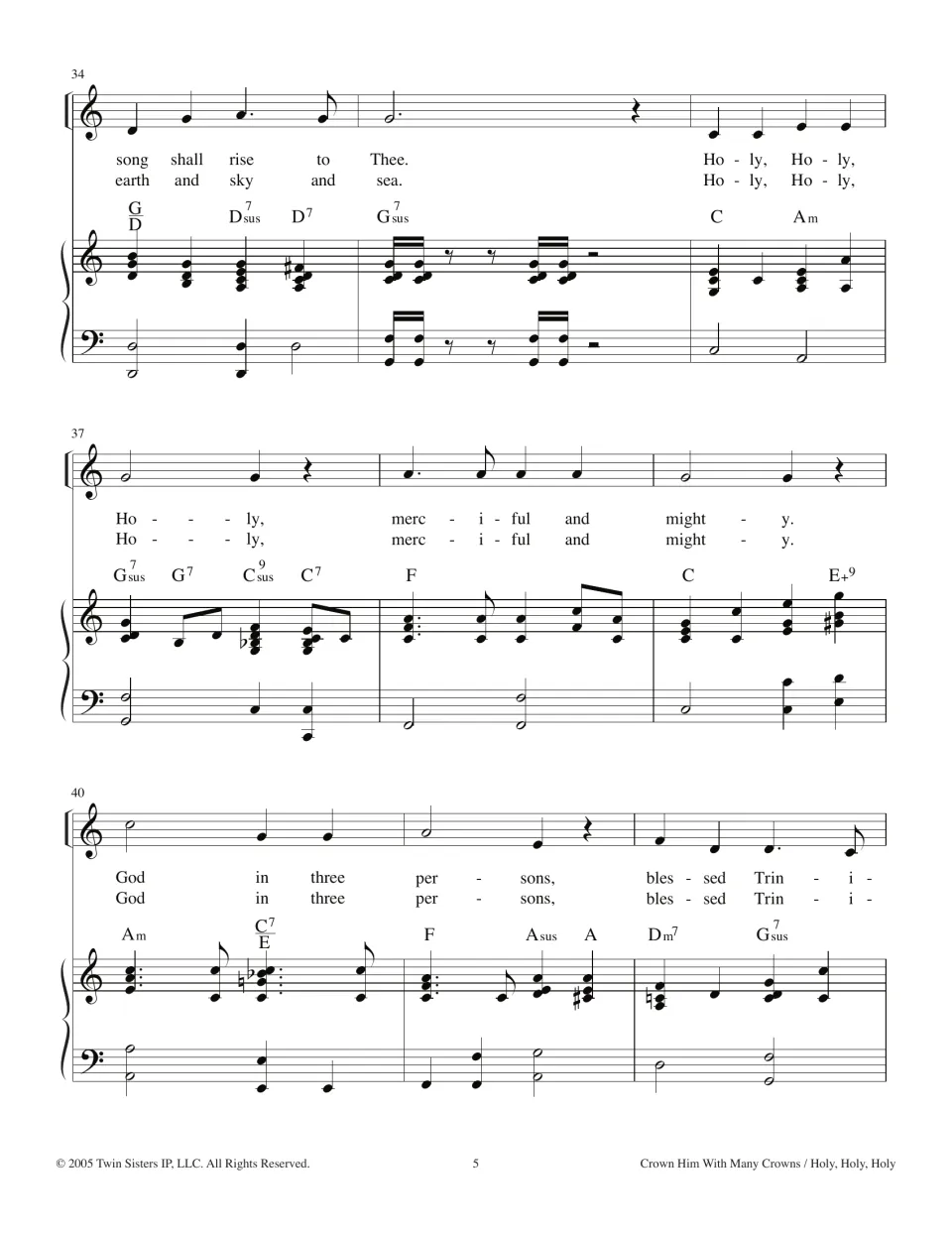 Holy, Holy, Holy continued, bars 34-42: lyrics 'merciful and mighty' and 'God in three persons, blessed Trinity'