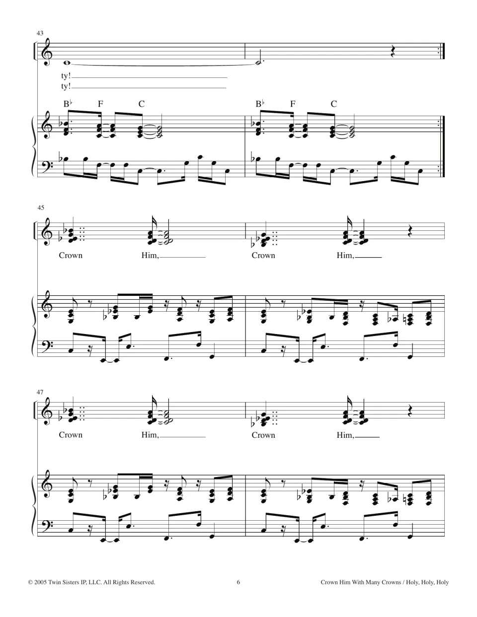 Medley coda, bars 43-48: 'Trinity' held over Bb-F-C chords, then repeated 'Crown Him' chords over the piano groove