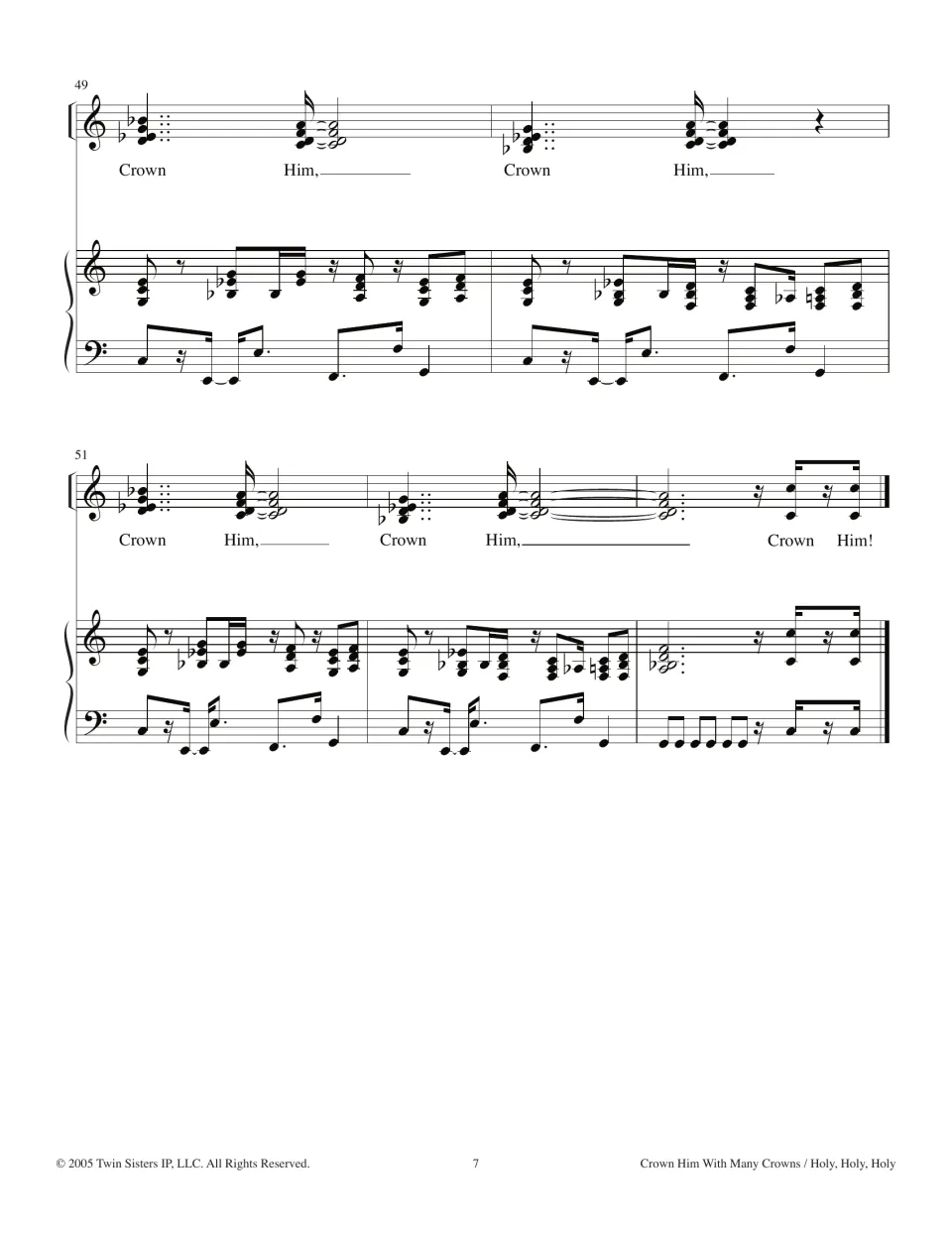 Final bars 49-53 of the medley: repeated 'Crown Him' chords build to a closing 'Crown Him!' and the final double bar