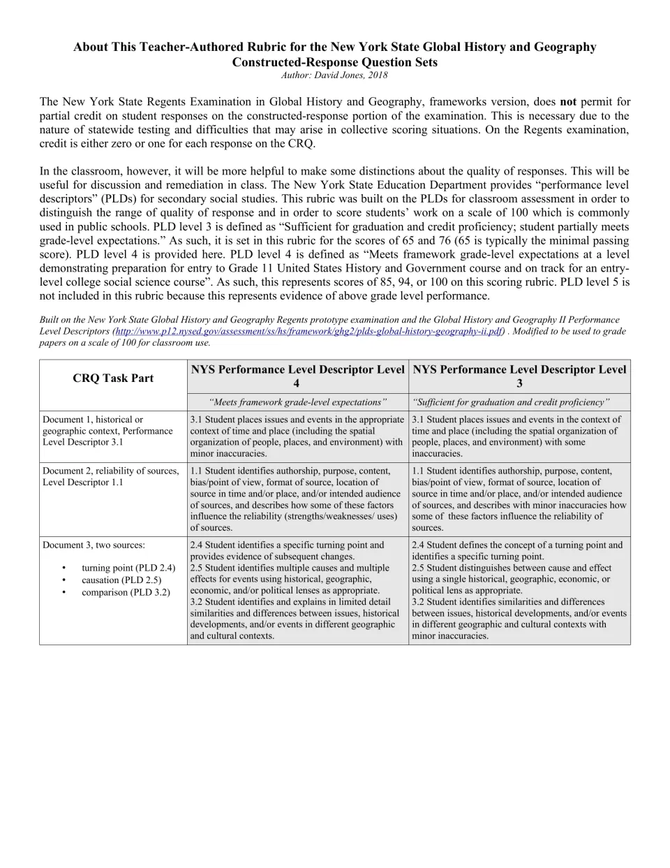 Teacher rubric guide explaining classroom scoring and New York State performance level descriptors 3 and 4
