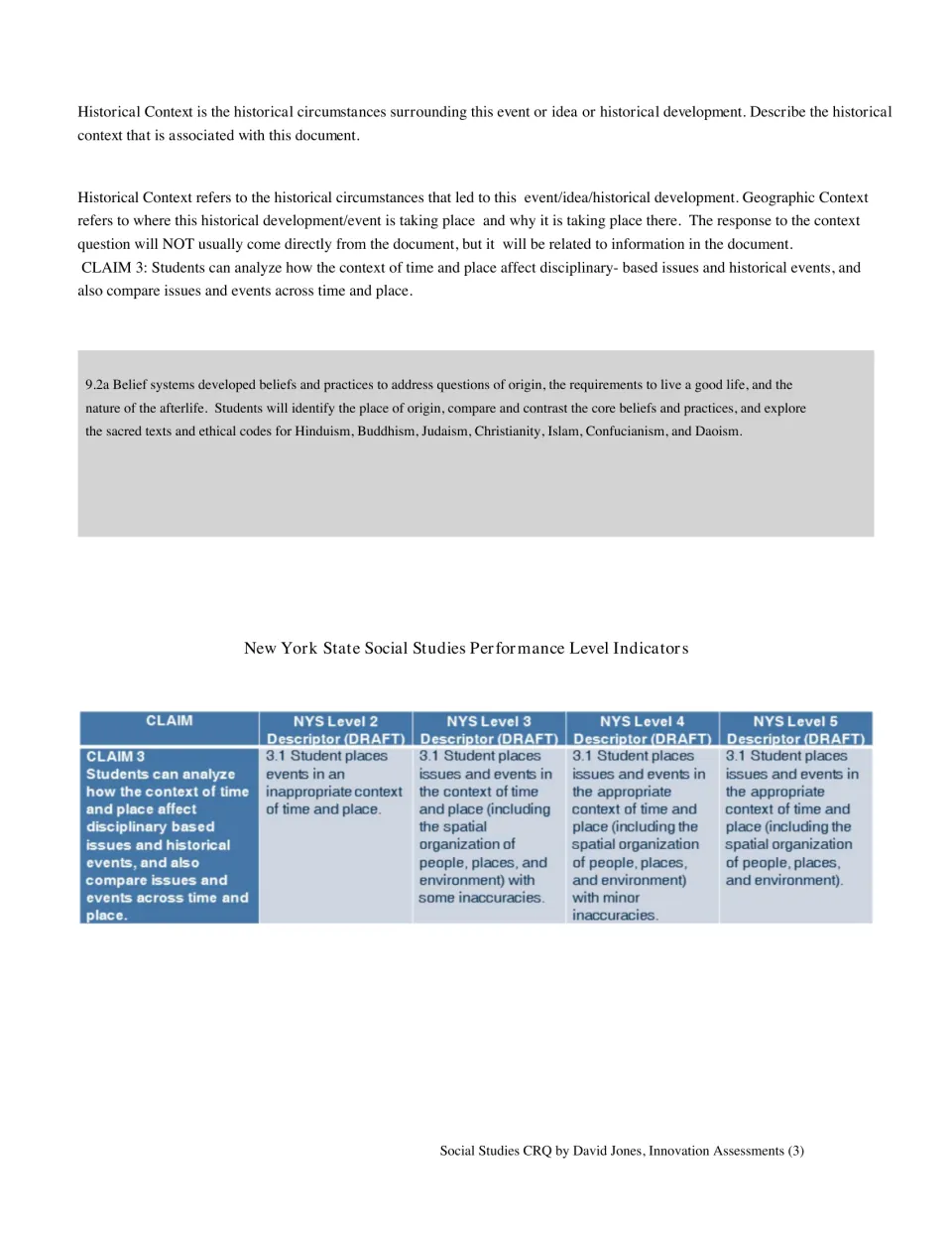 Set 1 historical context prompt for Muhammad's revelation, with context definitions and performance indicators