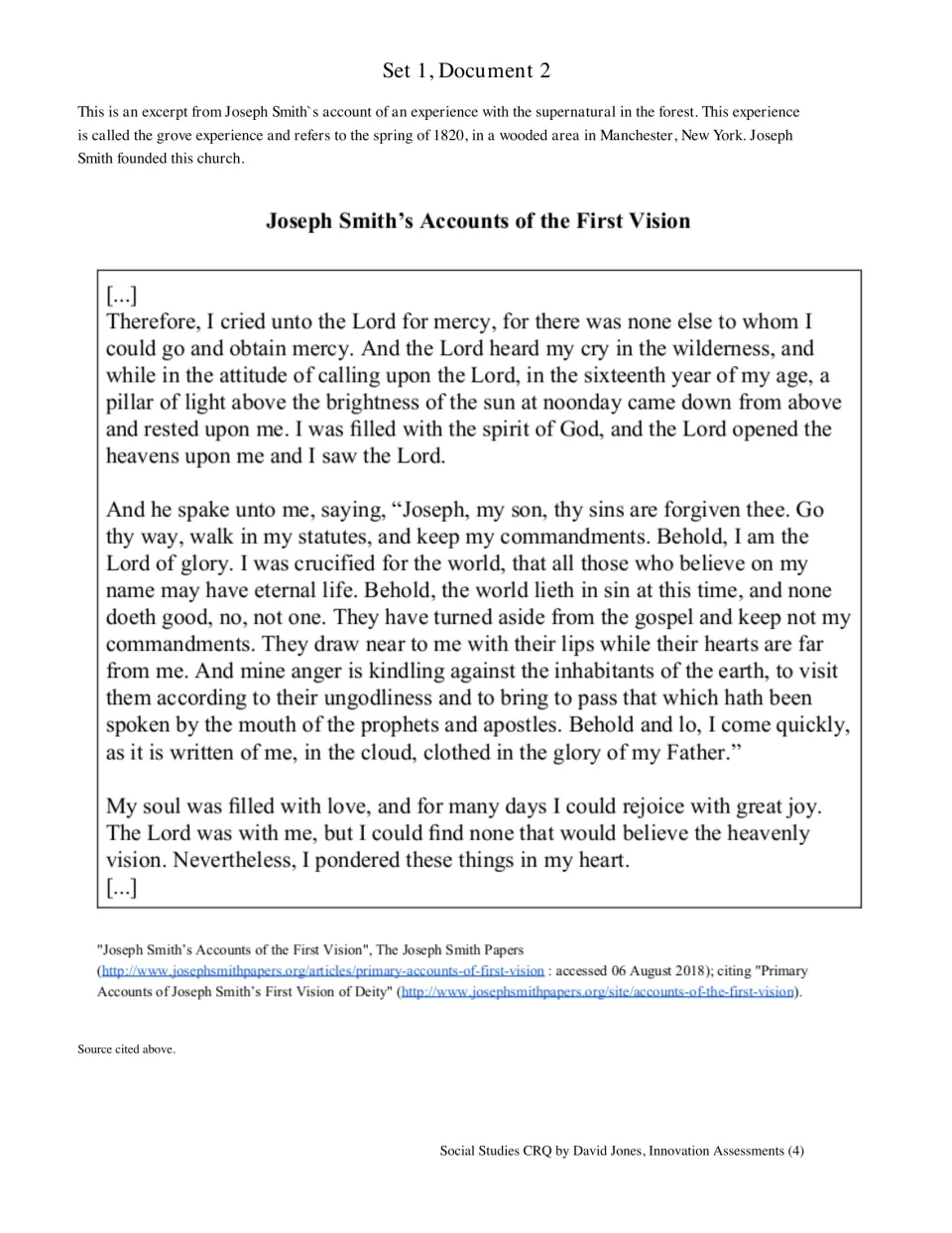 Set 1, Document 2: Joseph Smith's First Vision account describes seeking mercy and receiving a divine message