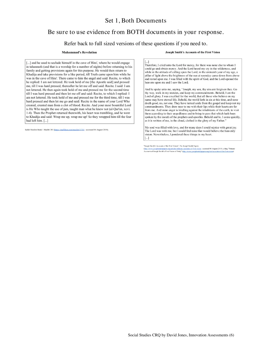 Set 1 paired excerpts revisit Muhammad's revelation and Joseph Smith's First Vision for a response using both