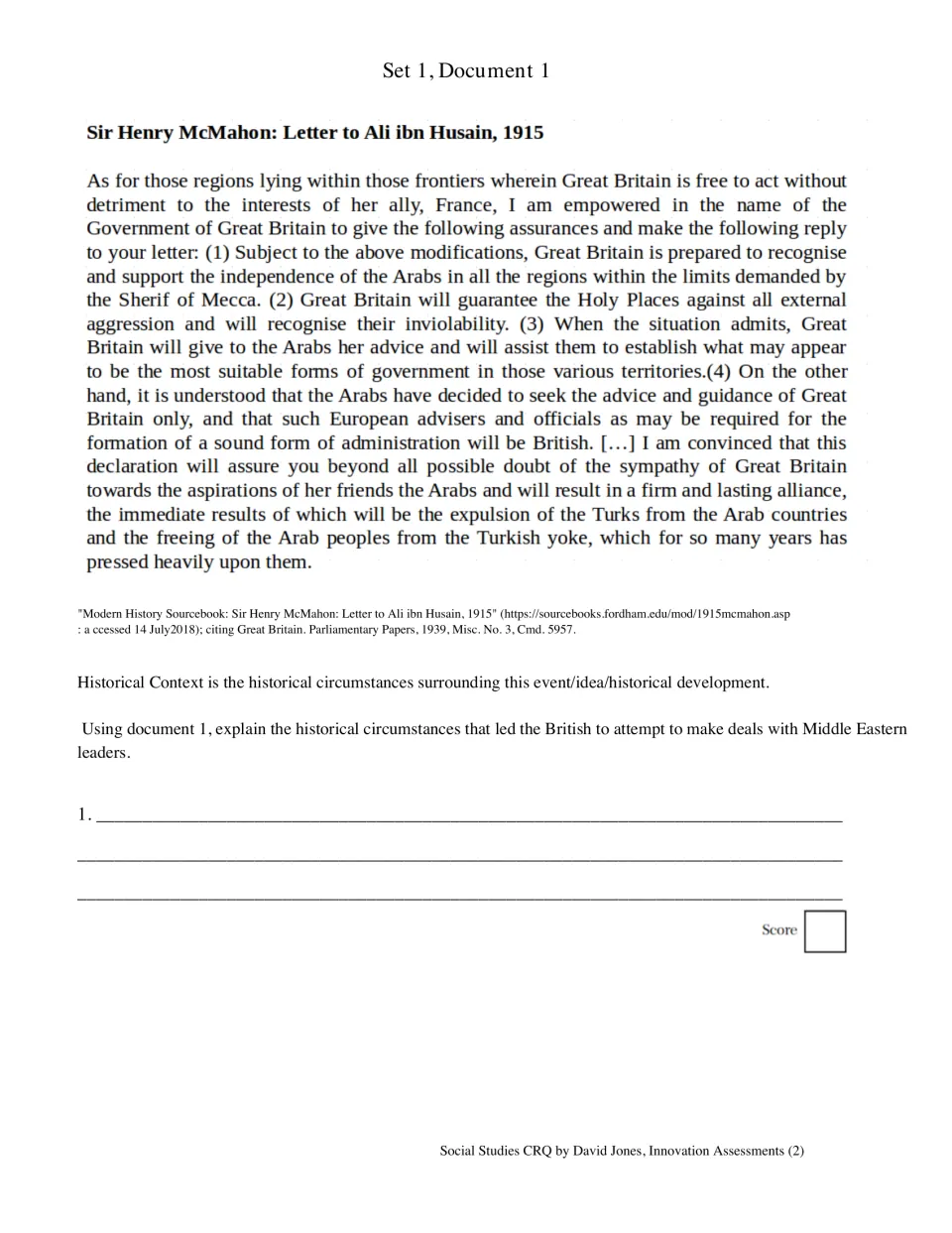 Set 1 Document 1, McMahon's 1915 letter to Ali ibn Husain: students explain the historical context of British promises