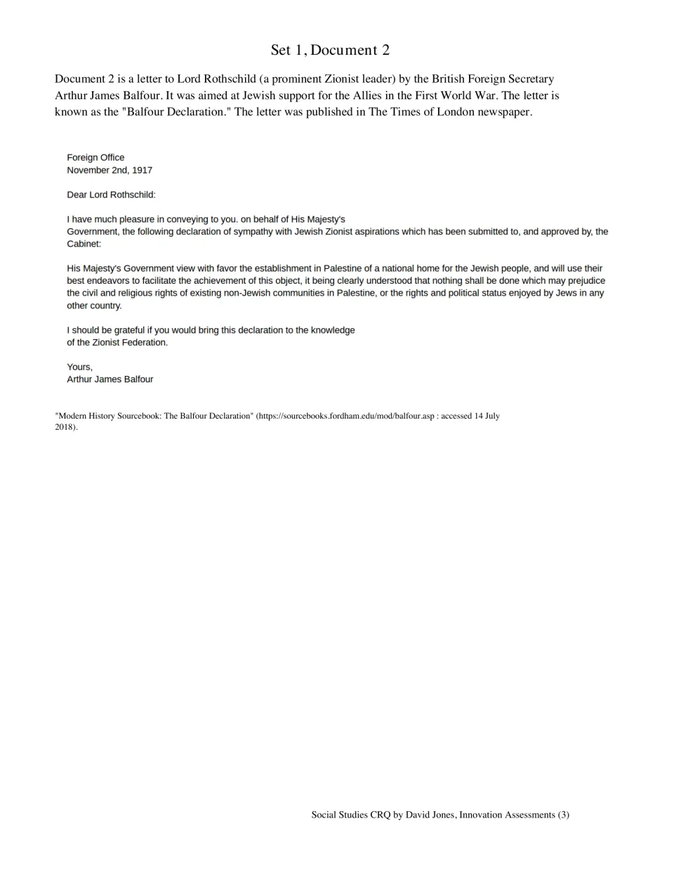 Set 1 Document 2: the 1917 Balfour Declaration, a letter to Lord Rothschild on a Jewish national home in Palestine