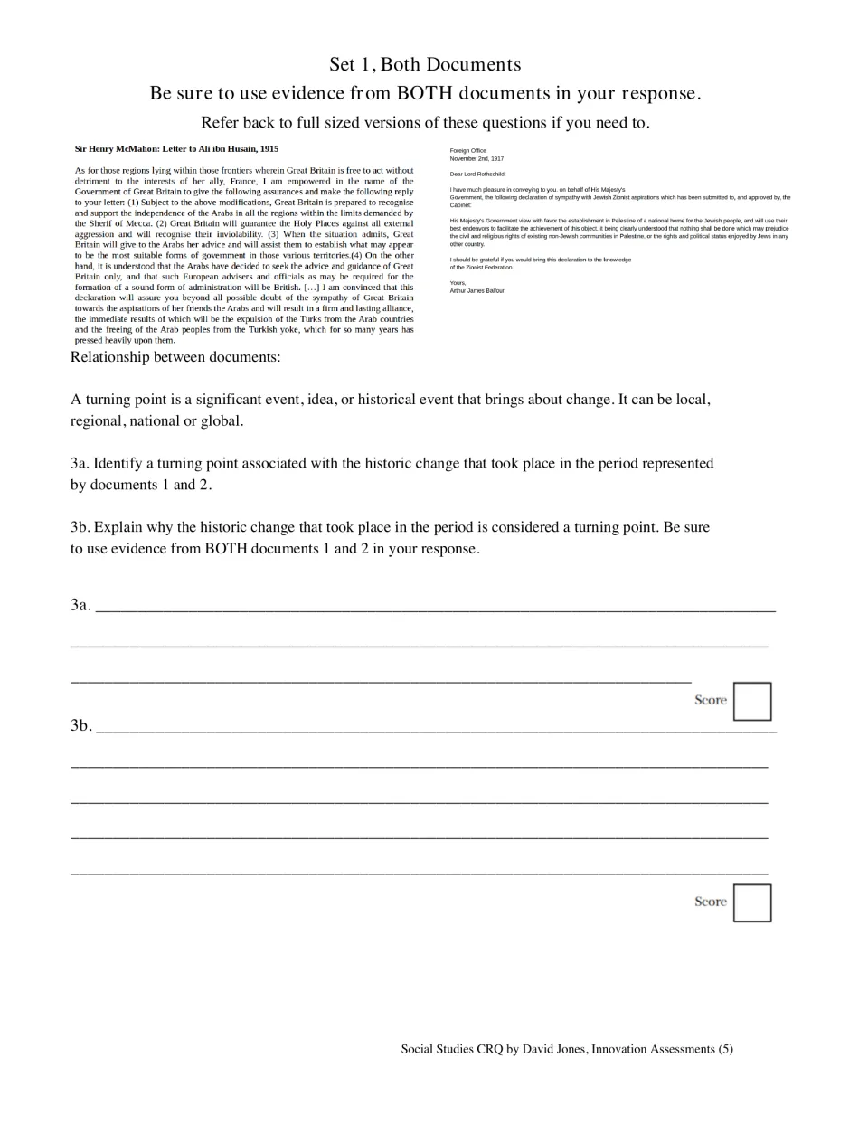 Set 1 turning point task: students use the McMahon and Balfour letters to identify and explain a turning point, 3a and 3b
