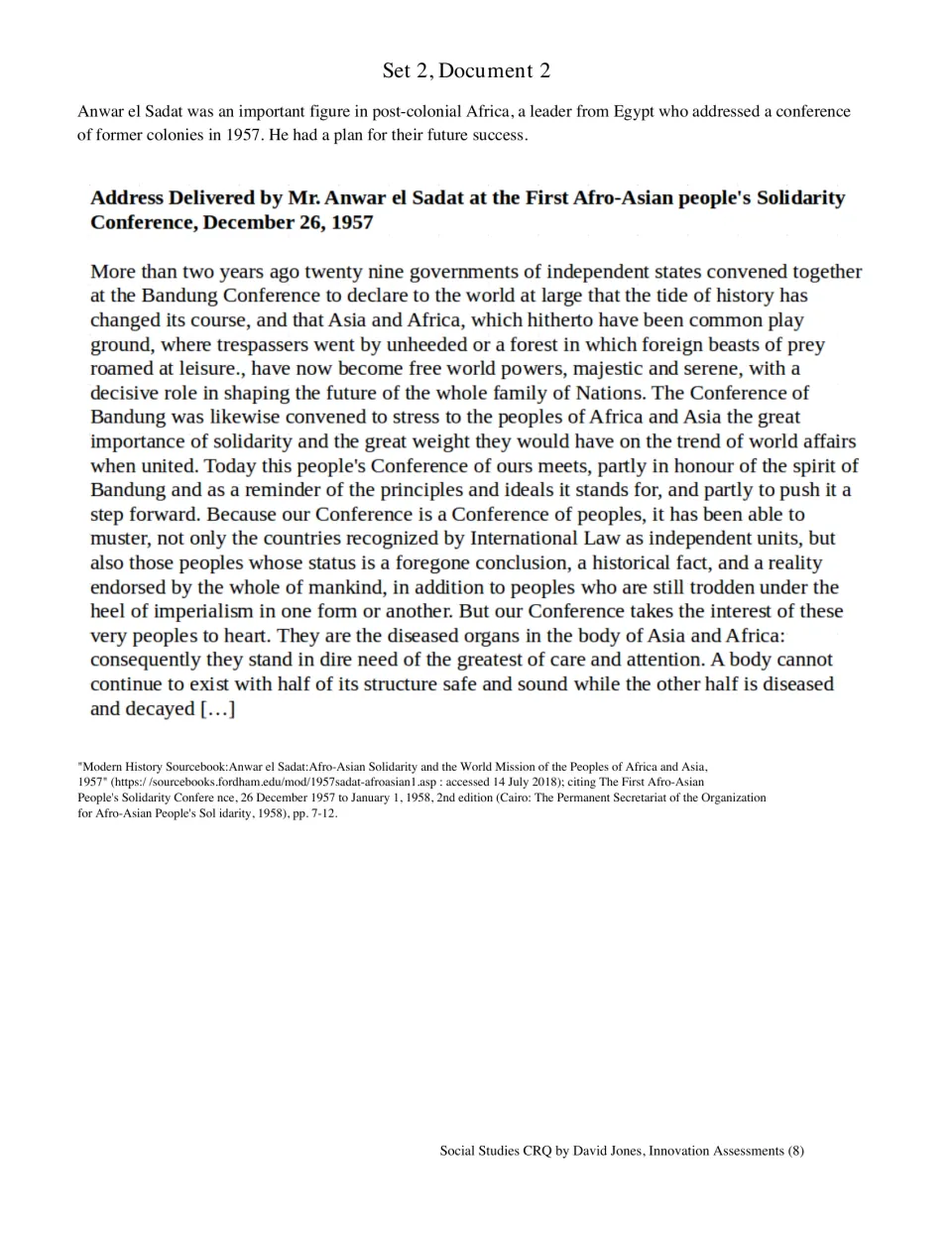 Set 2 Document 2: Anwar el Sadat's 1957 Afro-Asian Solidarity Conference address, recalling the Bandung Conference