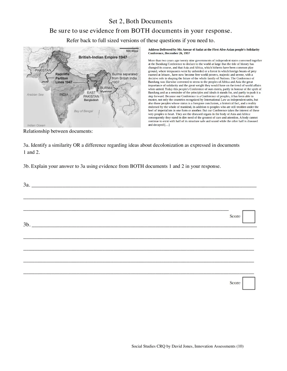 Set 2 comparison: students find a similarity or difference in decolonization ideas between the map and Sadat speech