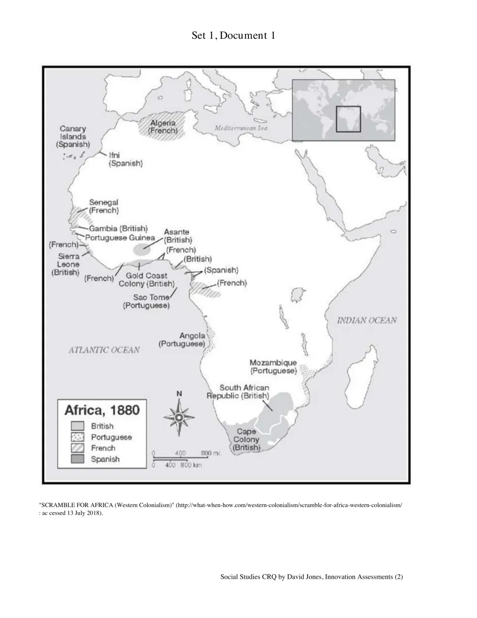 Africa, 1880 map: colonial holdings of Britain, France, Portugal and Spain as Set 1 source for map analysis