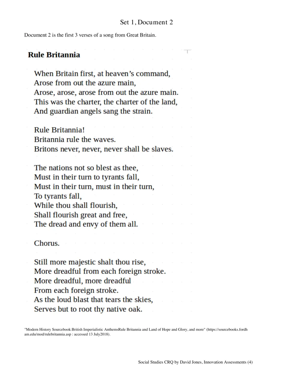 Rule Britannia, Set 1 Document 2: the first three verses of a British song to read as a primary source