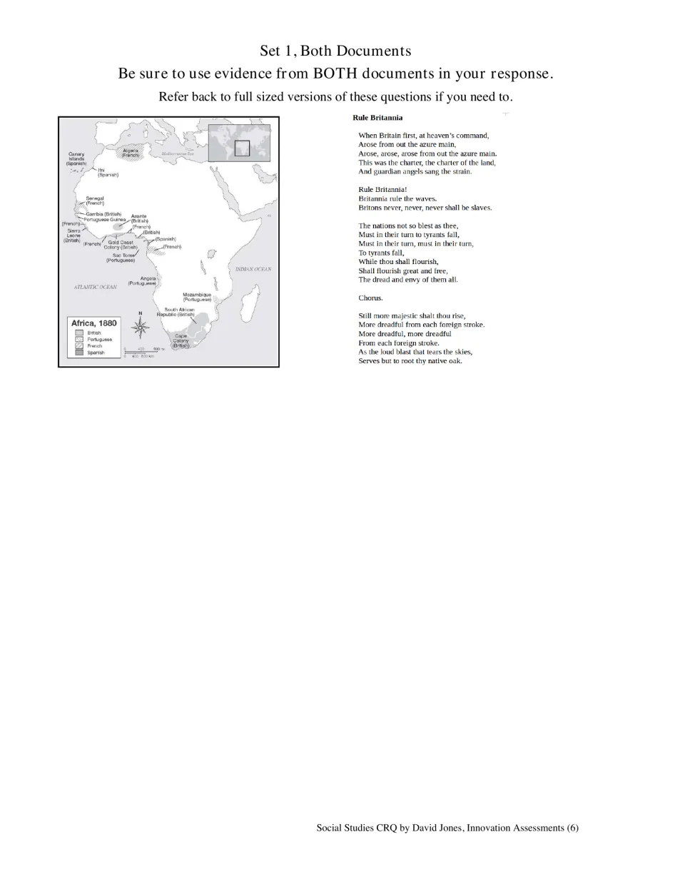 Set 1 side-by-side review: the Africa map and Rule Britannia verses shown together for a response using both documents