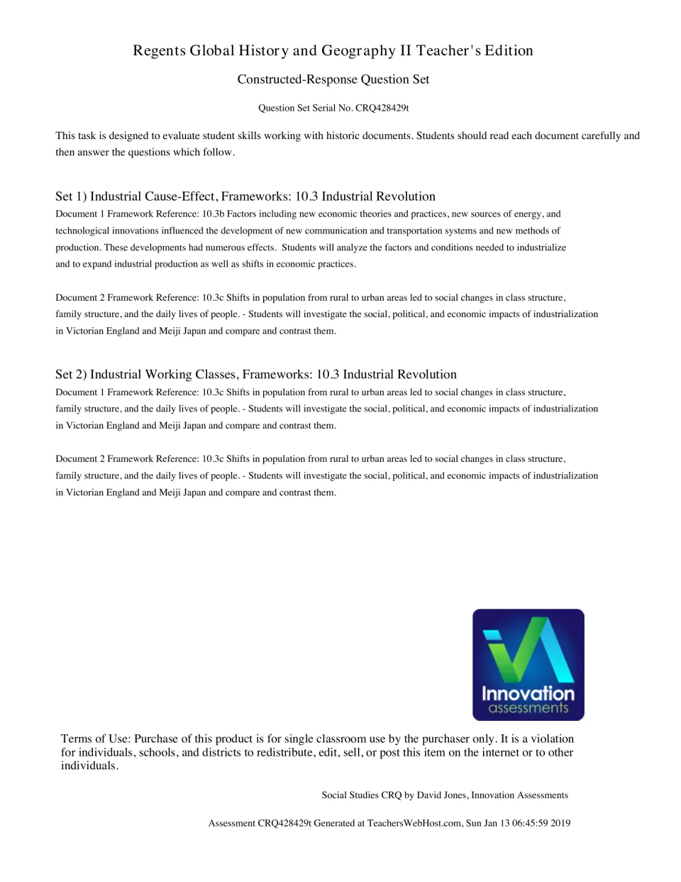Industrial Revolution CRQ teacher's edition title page listing Set 1 cause-effect and Set 2 working classes framework 10.3