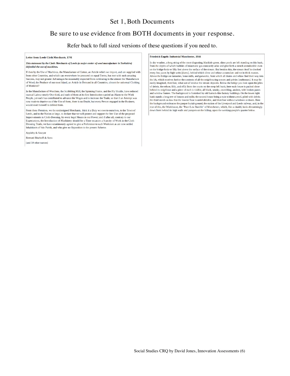 Set 1 both documents: Leeds merchants' 1791 letter and Engels' 1844 Manchester excerpt shown side by side for question 3