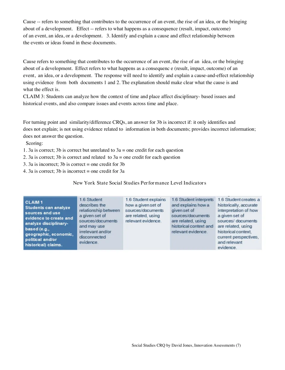 Cause-effect question 3: students link events across both documents, with definitions, 3a/3b scoring and PLD level chart