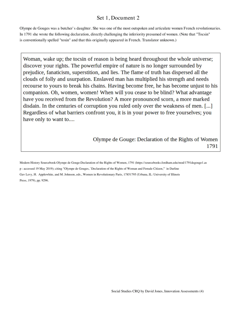 Olympe de Gouges, Declaration of the Rights of Women, 1791: students read Document 2 excerpt urging women to claim rights