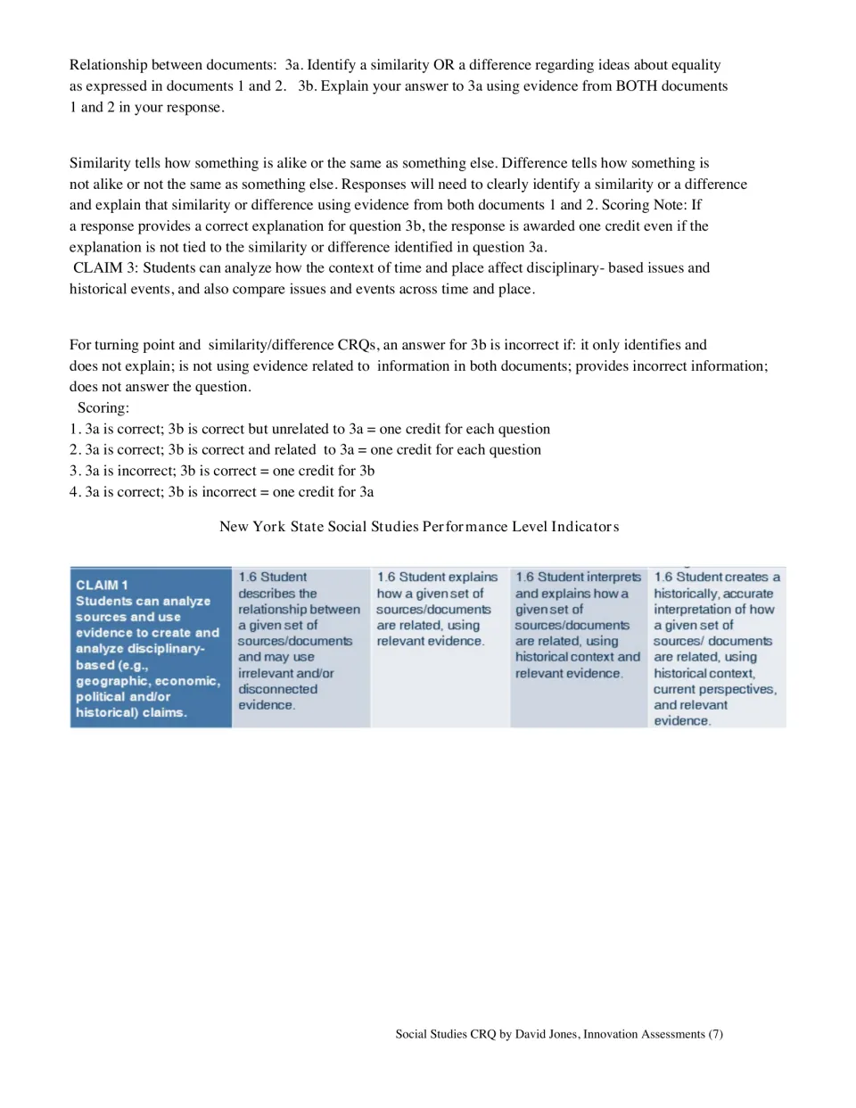 Comparison questions 3a and 3b: students identify a similarity or difference in ideas about equality across both documents