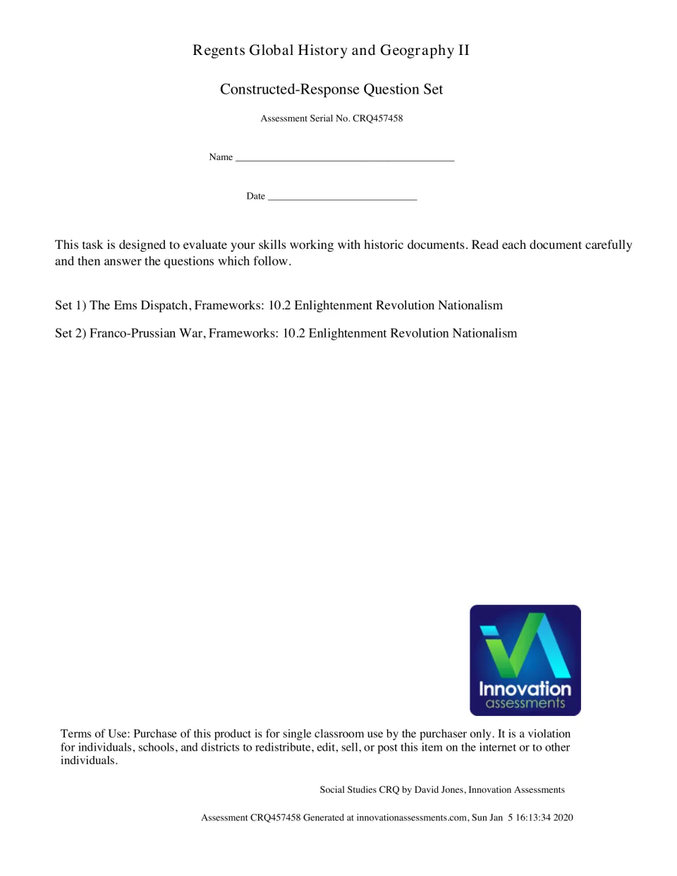 Assessment cover listing two constructed-response sets: The Ems Dispatch and the Franco-Prussian War