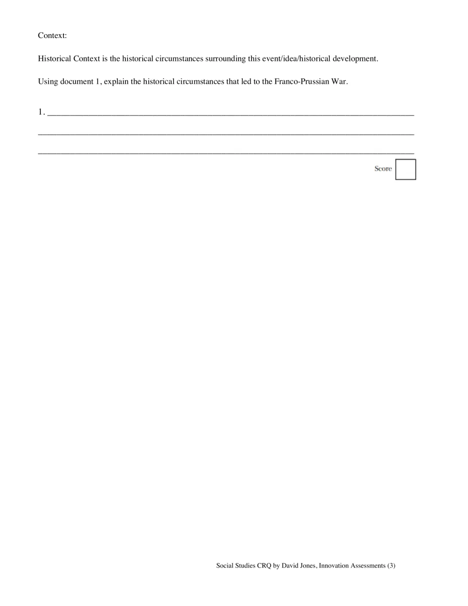 Set 1 context question asks students to use Document 1 to explain circumstances leading to the Franco-Prussian War