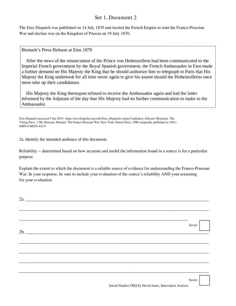 Set 1, Document 2: Bismarck's Ems press release followed by questions about intended audience and reliability