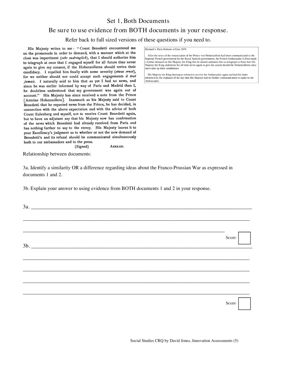 Set 1 comparison questions ask for a similarity or difference supported by evidence from both Ems documents