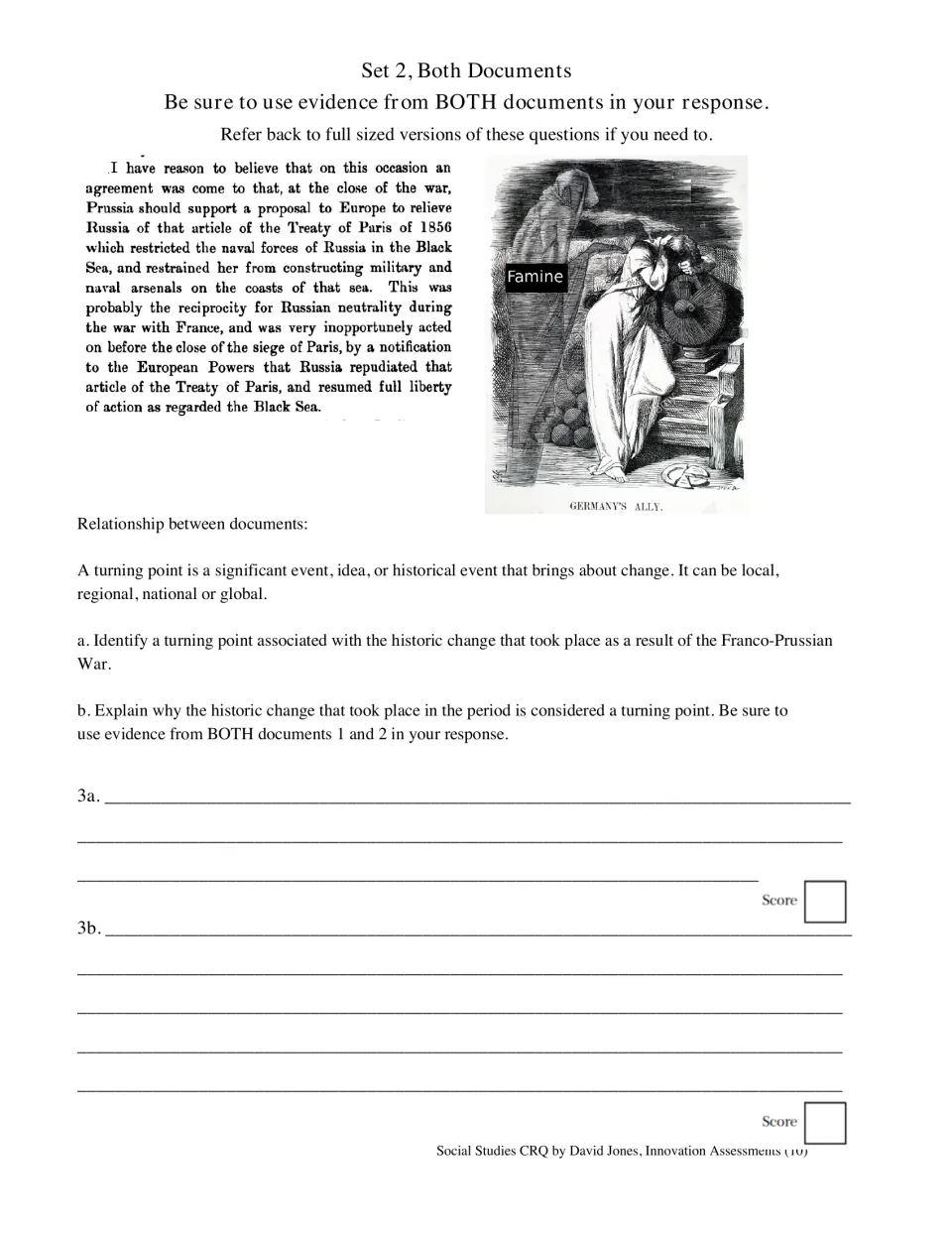 Set 2 final questions ask students to identify and explain a turning point using both the excerpt and cartoon