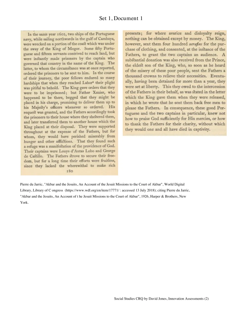 Set 1 Document 1: du Jarric excerpt on Jesuits freeing shipwrecked Portuguese sailors held at Akbar's court