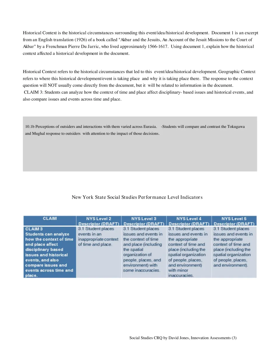Historical context question: students explain how context shaped events in the Akbar and the Jesuits excerpt, with PLD table