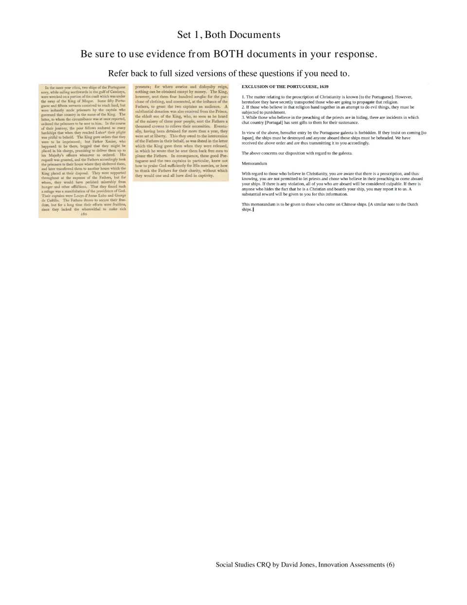 Both documents side by side: the Jesuit account and the 1639 exclusion edict, with a reminder to use evidence from each