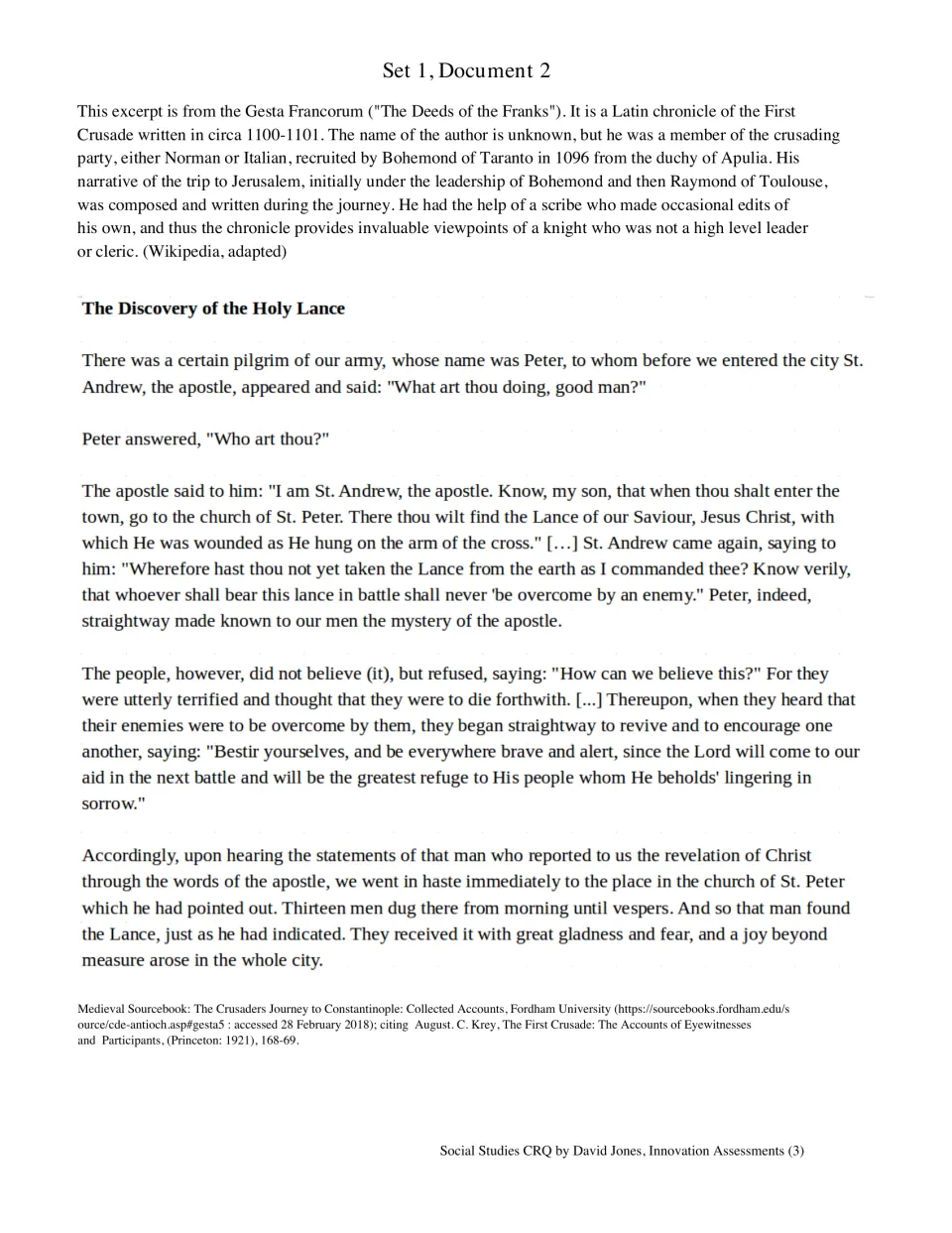Gesta Francorum excerpt, The Discovery of the Holy Lance: a First Crusade eyewitness account for students to read